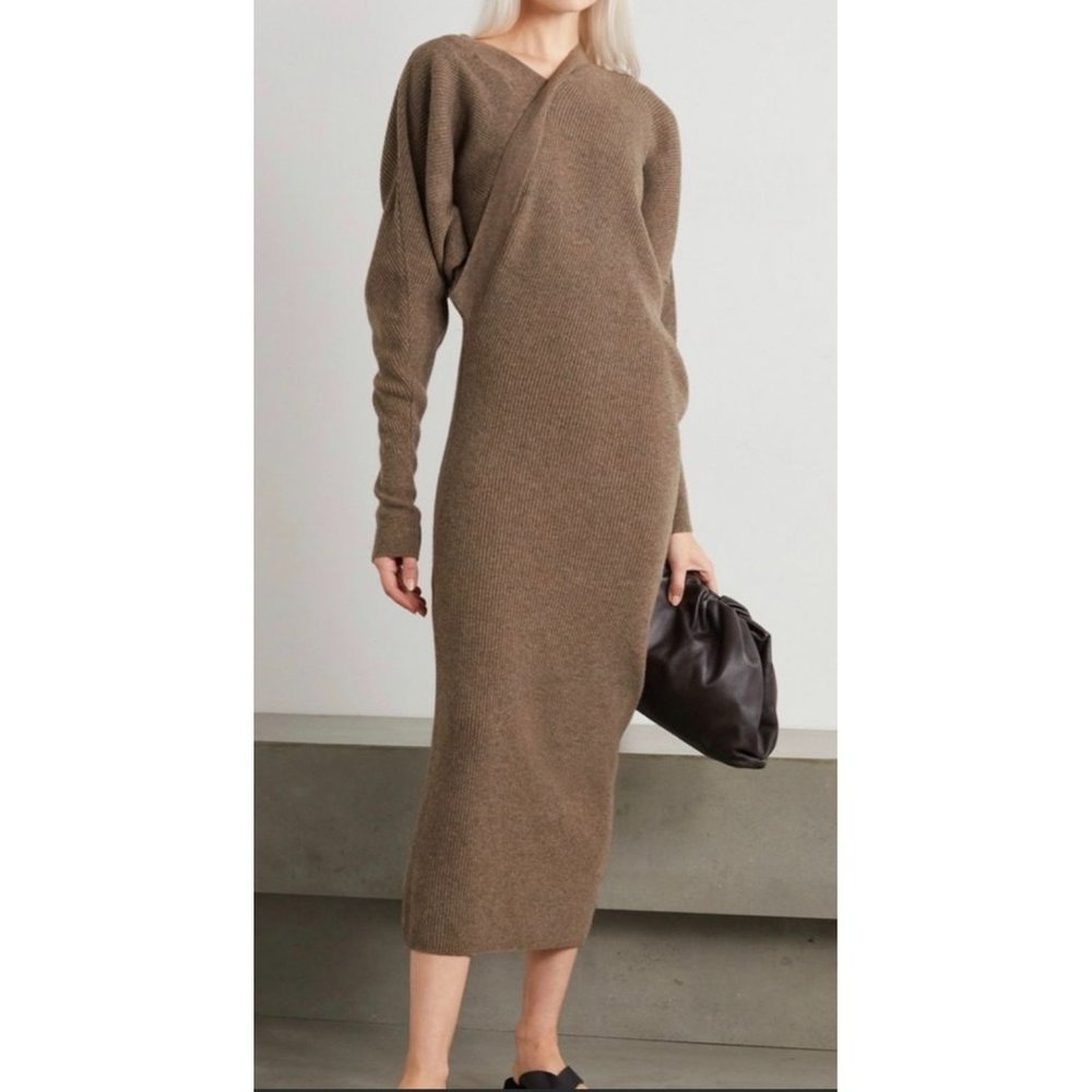 LVIR Unbalance Ribbed Knit Wool Cashmere V-Neck Midi Dress Women's Size Medium - Picture 2 of 15